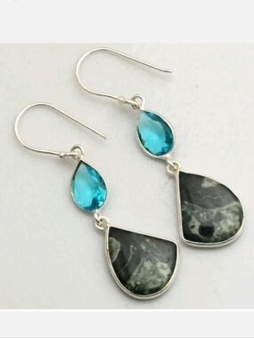 African Kambaba Jasper, Swiss Blue Topaz Gemstone Handmade Drop Dangle Earrings